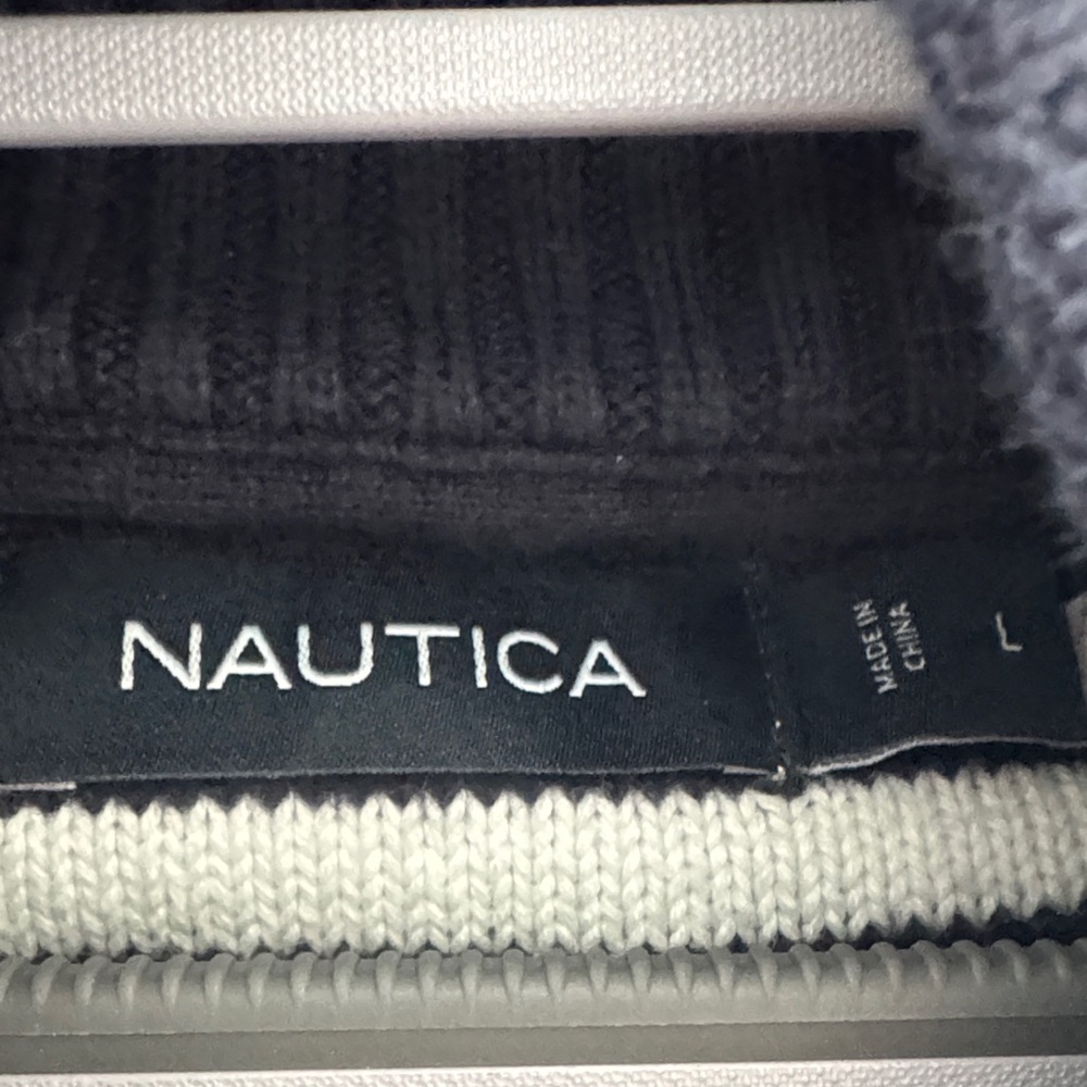 Nautical Striped Shawl Collar Sweater L 100% Cotton Fisherman Pullover Knit - Picture 5 of 6
